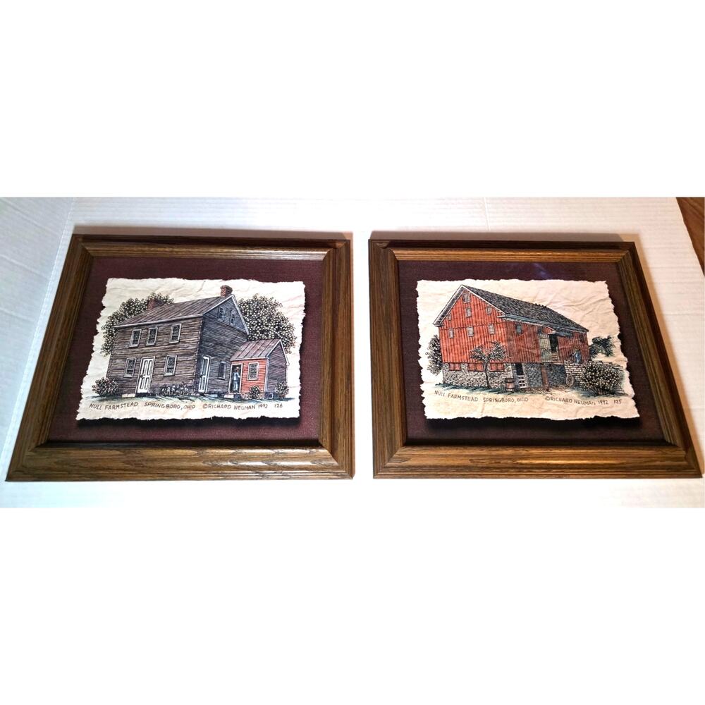 Signed Richard Neuman Null Farmstead Springboro Ohio Framed Print Set House Barn